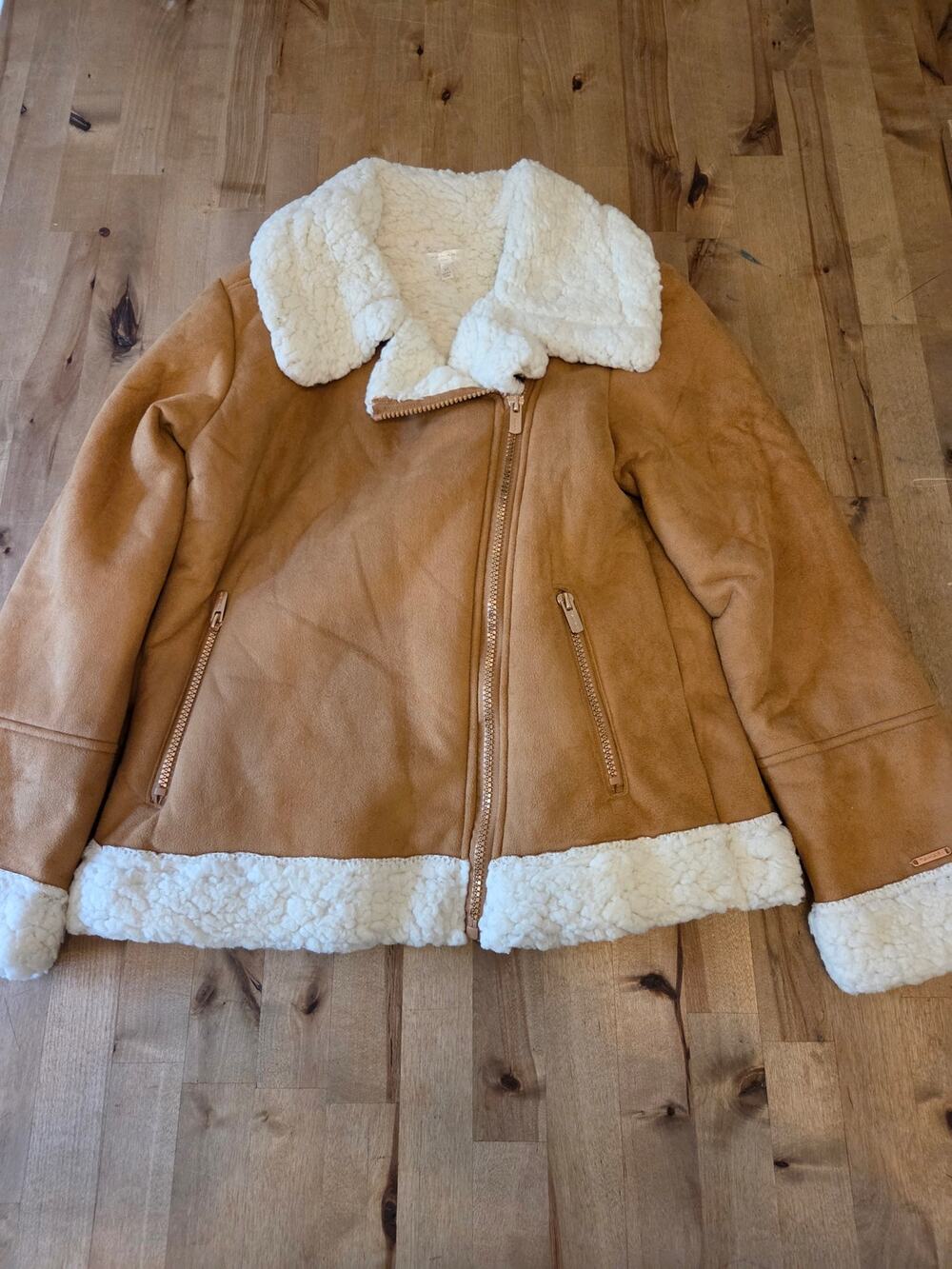 Tahari Girl Tan Faux Suede Sherpa Aviator Jacket Size 10 EUC